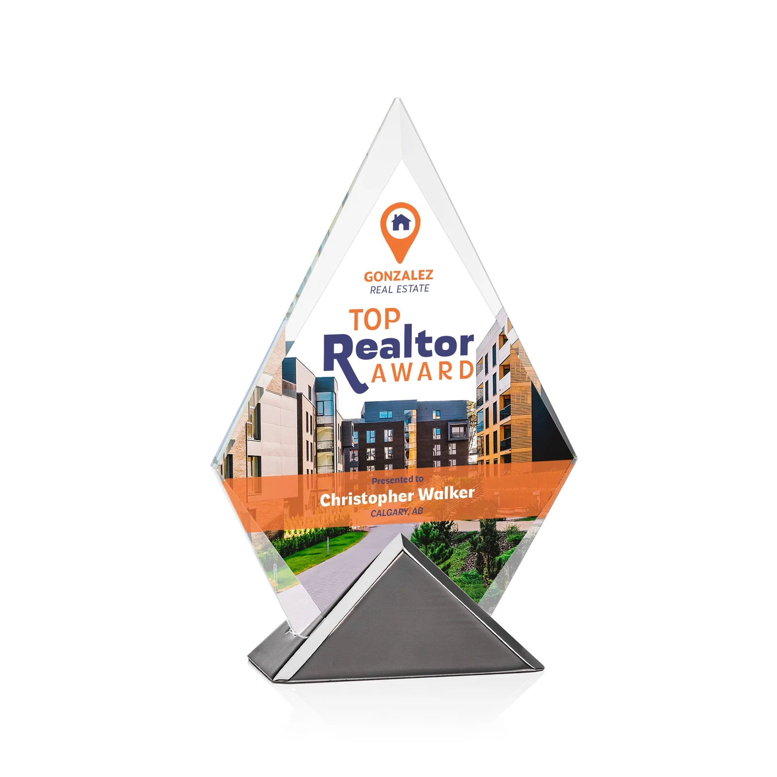 Custom Starfire Crystal Diamond Award on Triangular Gunmetal Base for donor appreciation