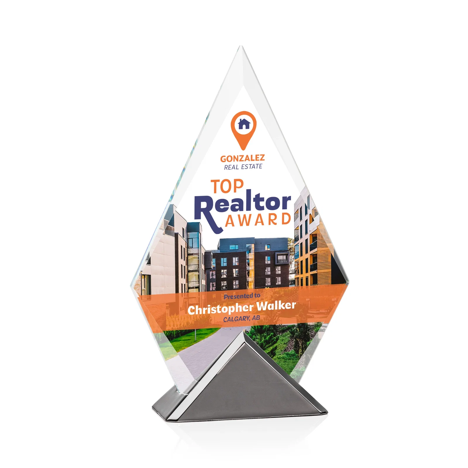 Custom Starfire Crystal Diamond Award on Triangular Gunmetal Base for graduation ceremonies