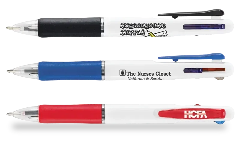 Android Pen. White plastic pen with black, blue, and red ink for trade show handouts