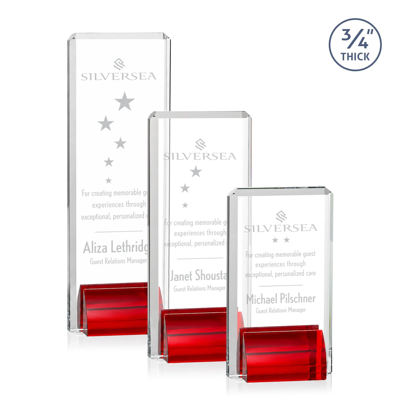 Custom Starfire Crystal Rectangle Award Fused to Paired Red Base, metal awards for employee recognition