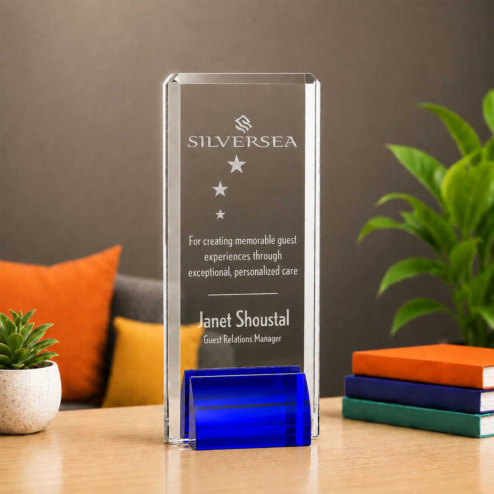 Custom Starfire Crystal Rectangle Award Fused to Paired Red Base, metal awards for volunteer appreciation