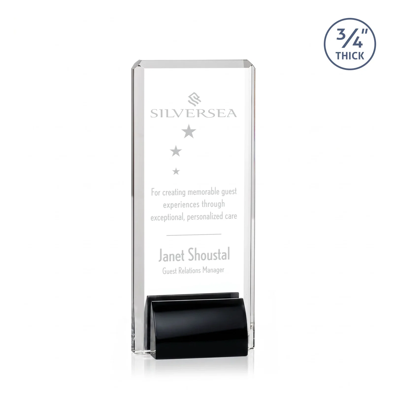 Personalized Starfire Crystal Rectangle Award Fused to Paired Red Base, metal awards for employee recognition