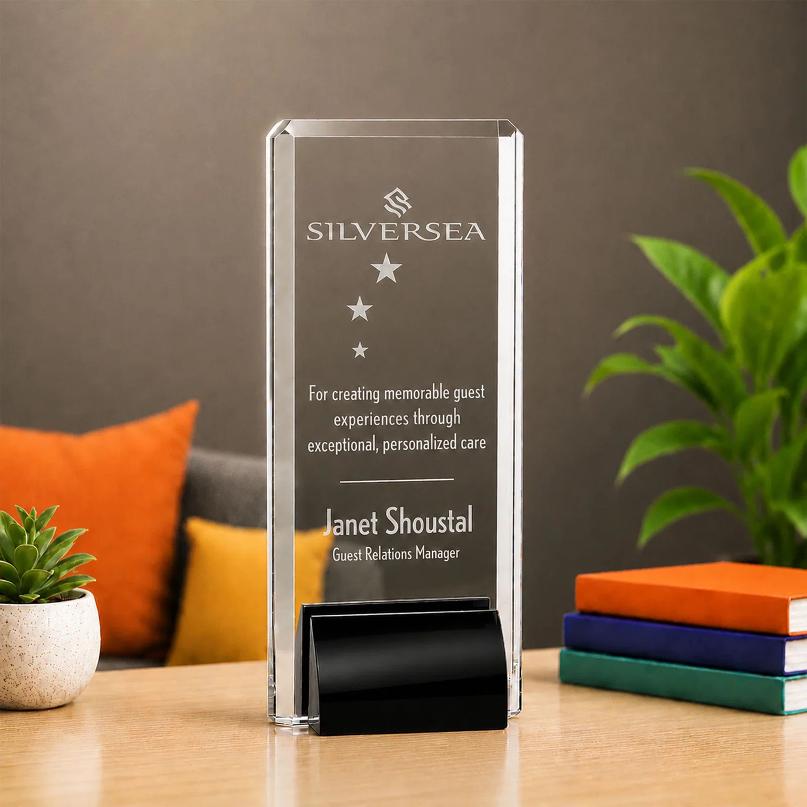 Personalized Starfire Crystal Rectangle Award Fused to Paired Red Base, metal awards for service anniversary gifts