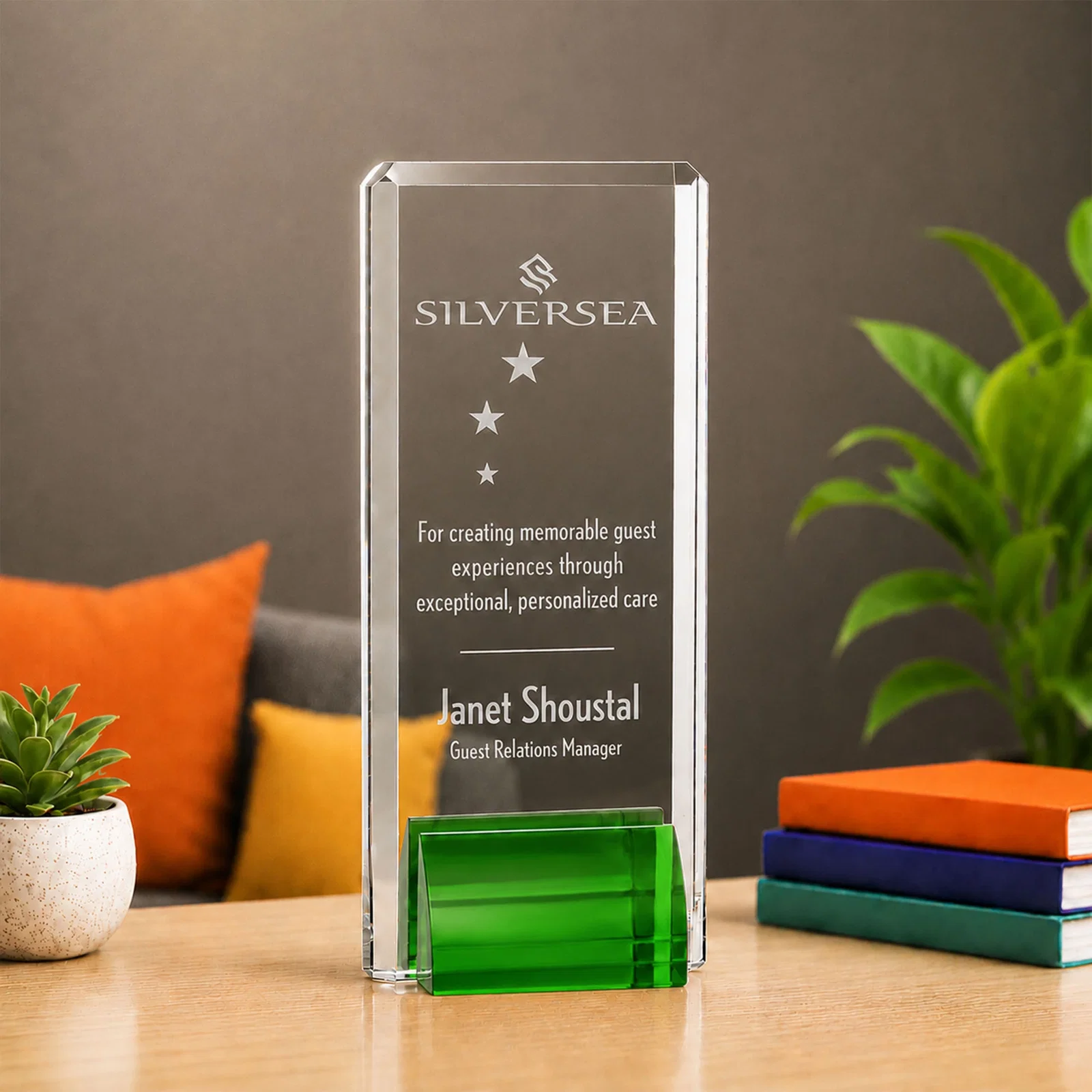 Personalized Starfire Crystal Rectangle Award Fused to Paired Red Base, metal awards for graduation ceremonies