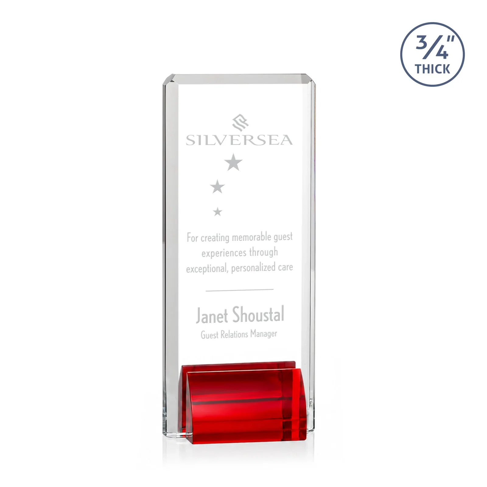 Custom Starfire Crystal Rectangle Award Fused to Paired Red Base, metal awards for service anniversary gifts