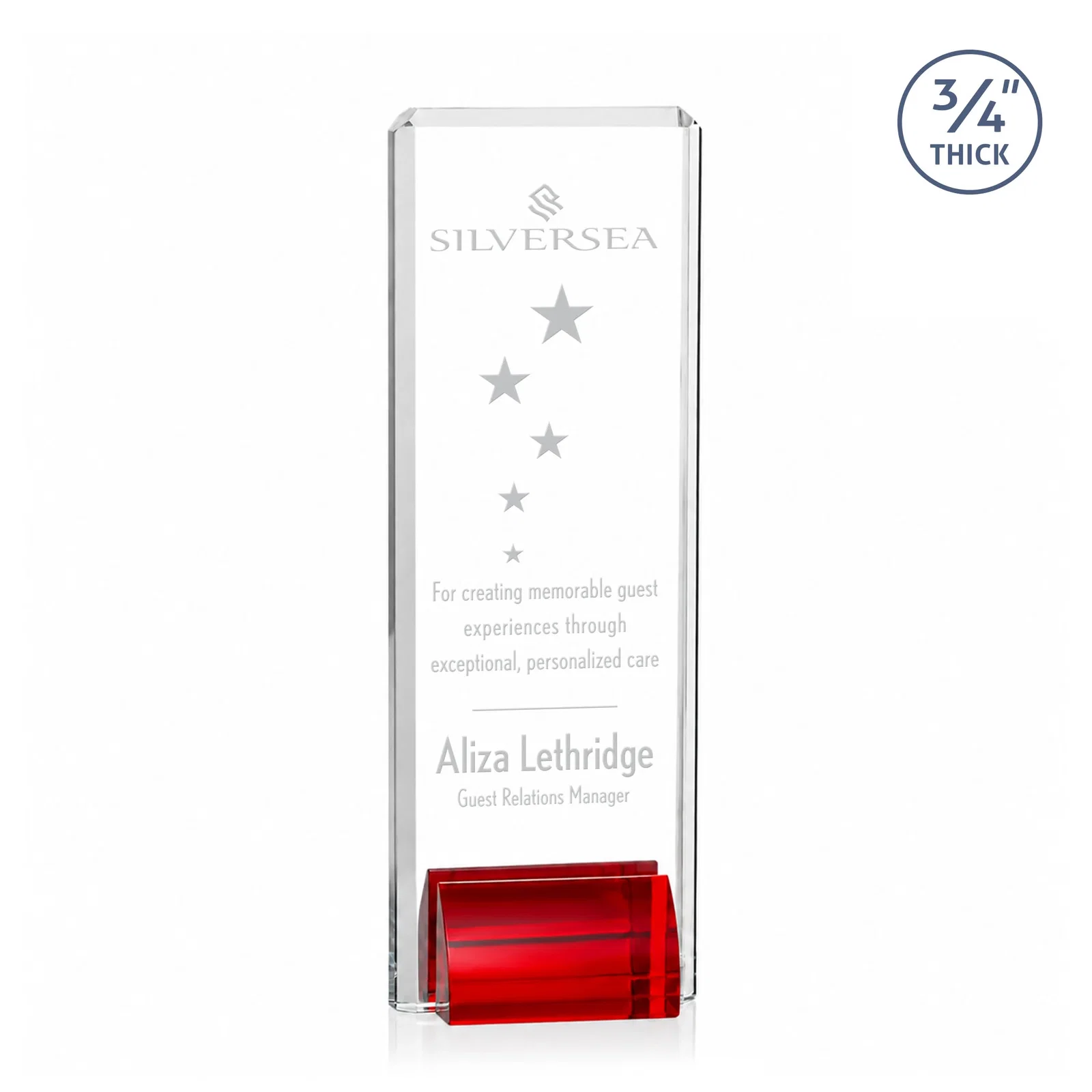 Custom Starfire Crystal Rectangle Award Fused to Paired Red Base, metal awards for sales achievement awards