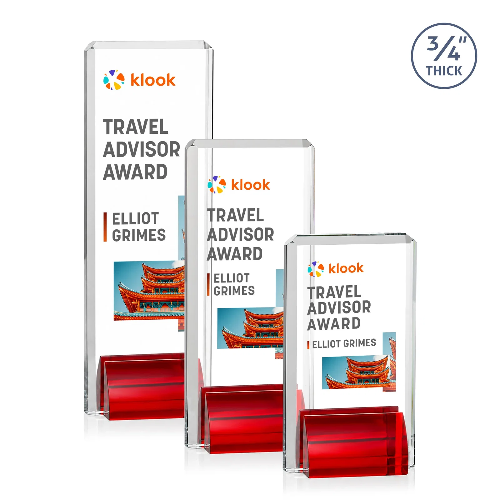 Branded Starfire Crystal Rectangle Award Fused to Paired Red Base, metal awards for sales achievement awards