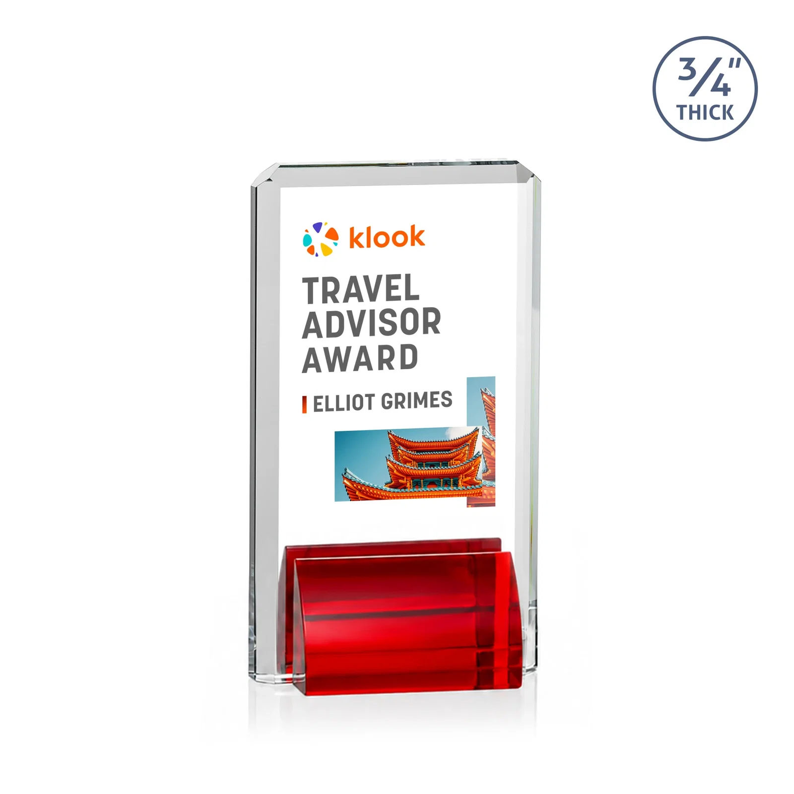 Branded Starfire Crystal Rectangle Award Fused to Paired Red Base, metal awards for team milestone celebrations