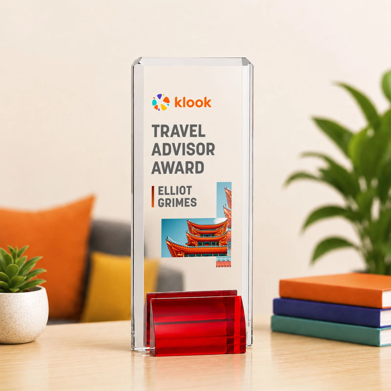 Branded Starfire Crystal Rectangle Award Fused to Paired Red Base, metal awards for graduation ceremonies