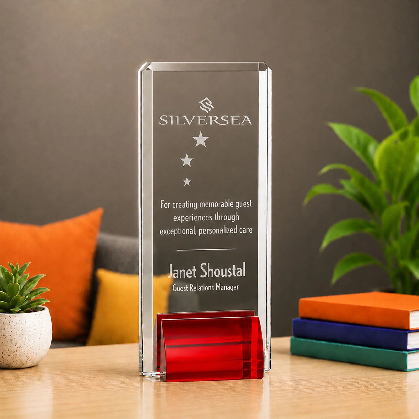 Custom Starfire Crystal Rectangle Award Fused to Paired Red Base, metal awards for retirement presentations