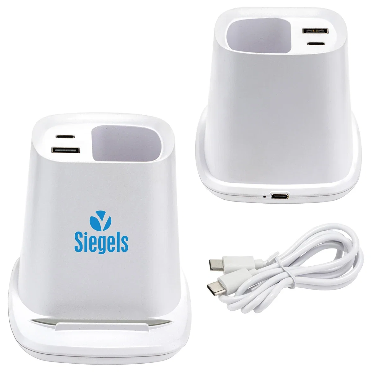 Custom Annex Wireless Charging Stand with Dual Ports and Pen Holder, front view
