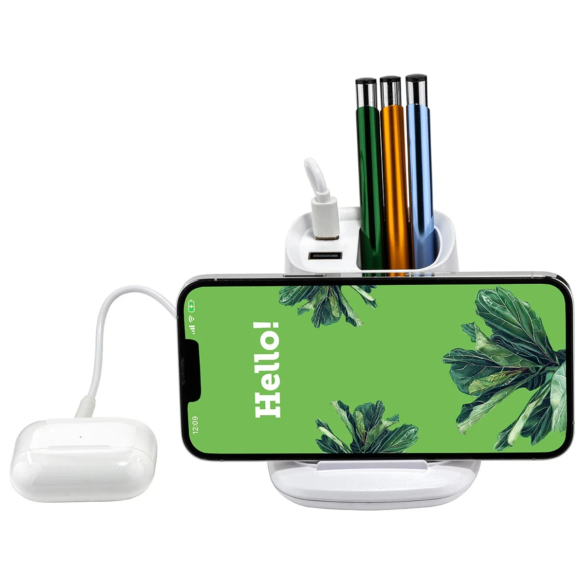 Annex Wireless Charging Stand holding a smartphone, promotional charger in use