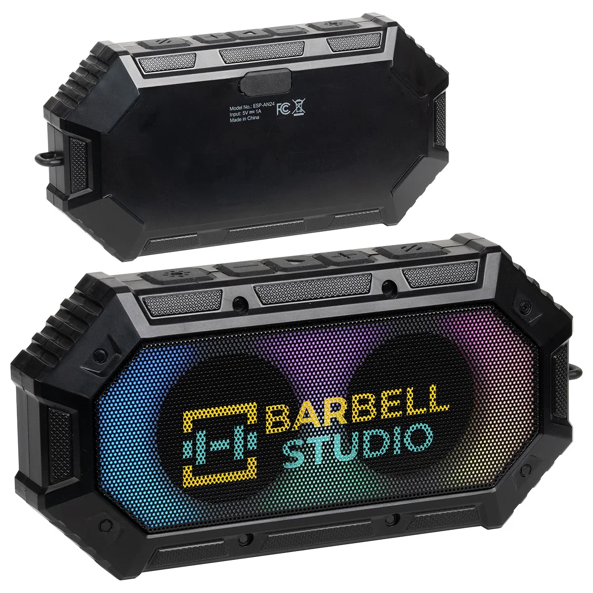 Custom Anthem Light-Up Waterproof Wireless Speaker, front view of the branded speaker with lights on