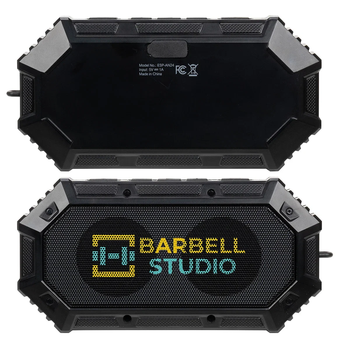 Close-up of the custom Anthem Light-Up Wireless Speaker's logo imprint area