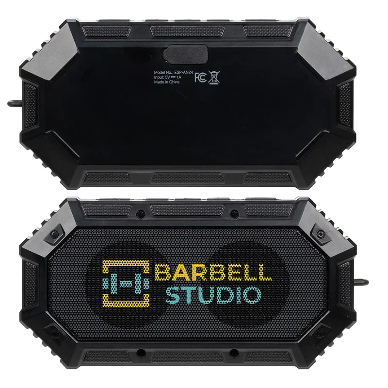 Close-up of the custom Anthem Light-Up Wireless Speaker's logo imprint area