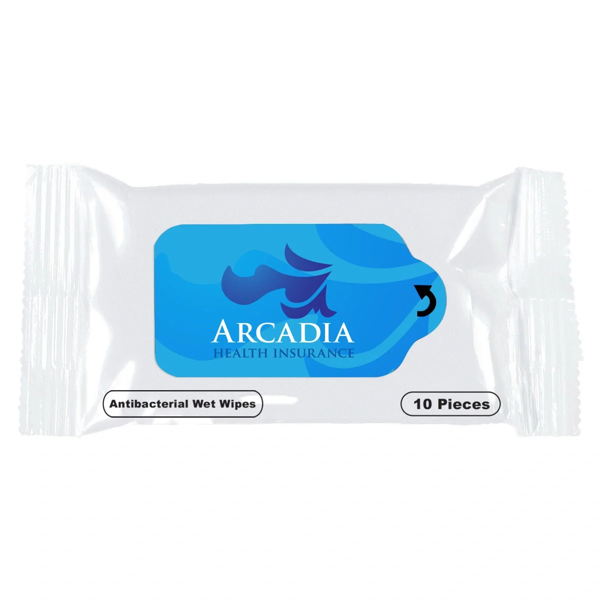 White antibacterial wet wipe packet measuring six inches wide