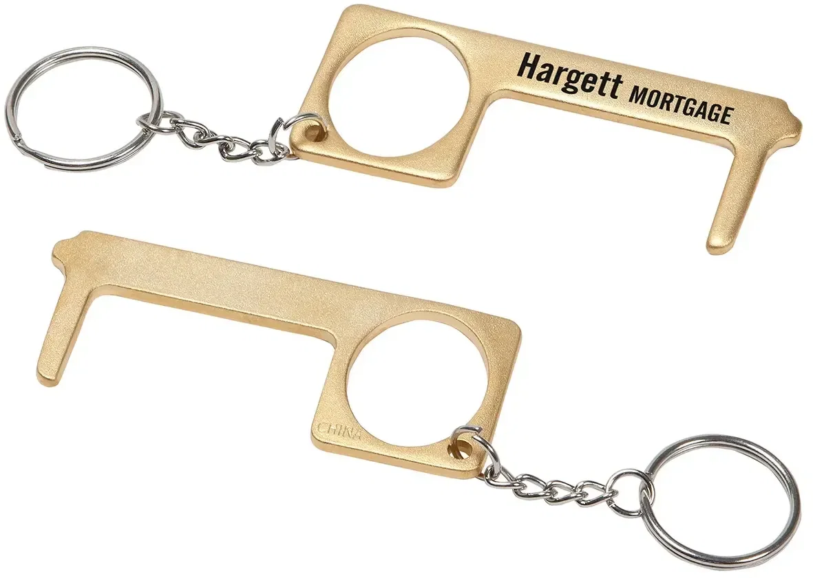 Antimicrobial brass no-touch tool, branded custom door and keypad opener, front view