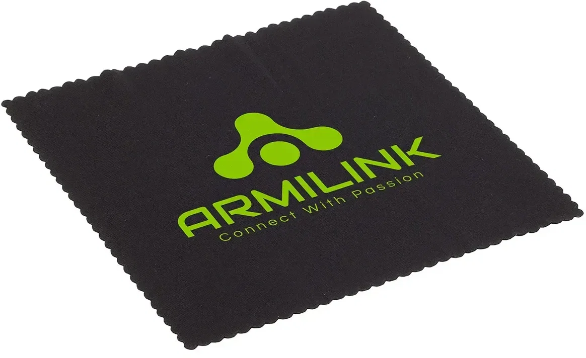 Custom antimicrobial microfiber lens cloth with full branded logo print, flat view