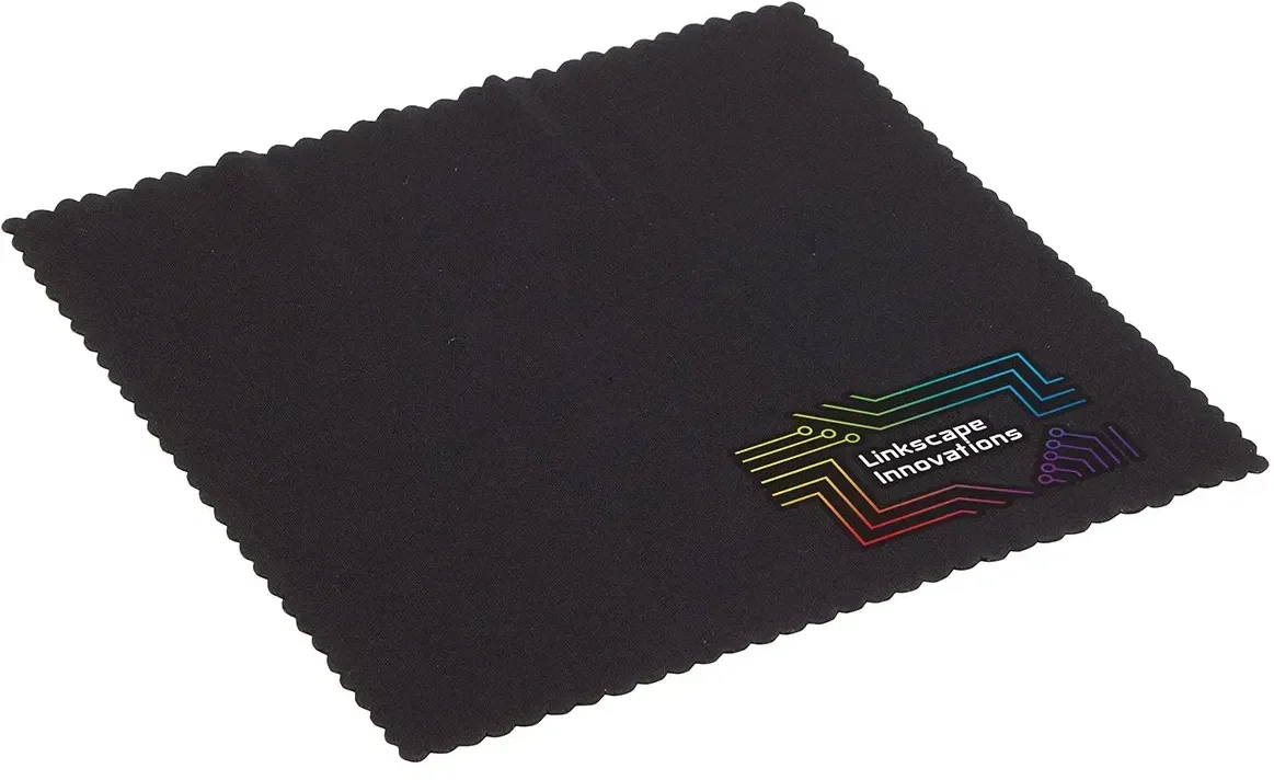 Promotional microfiber lens cloth wiping eyeglasses, branded logo detail