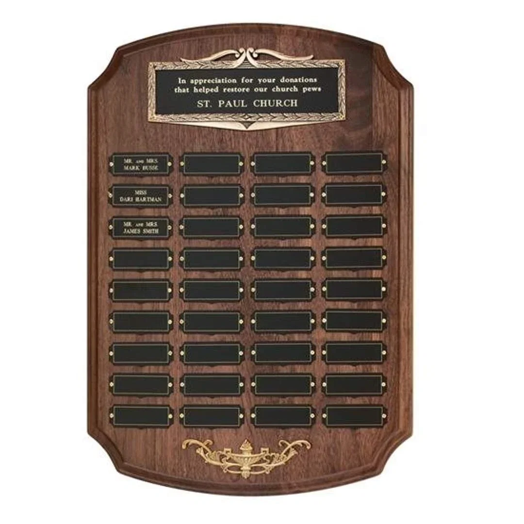 Custom Walnut Perpetual Plaque With Cast Laurel Wreath Header Frame for corporate award ceremonies