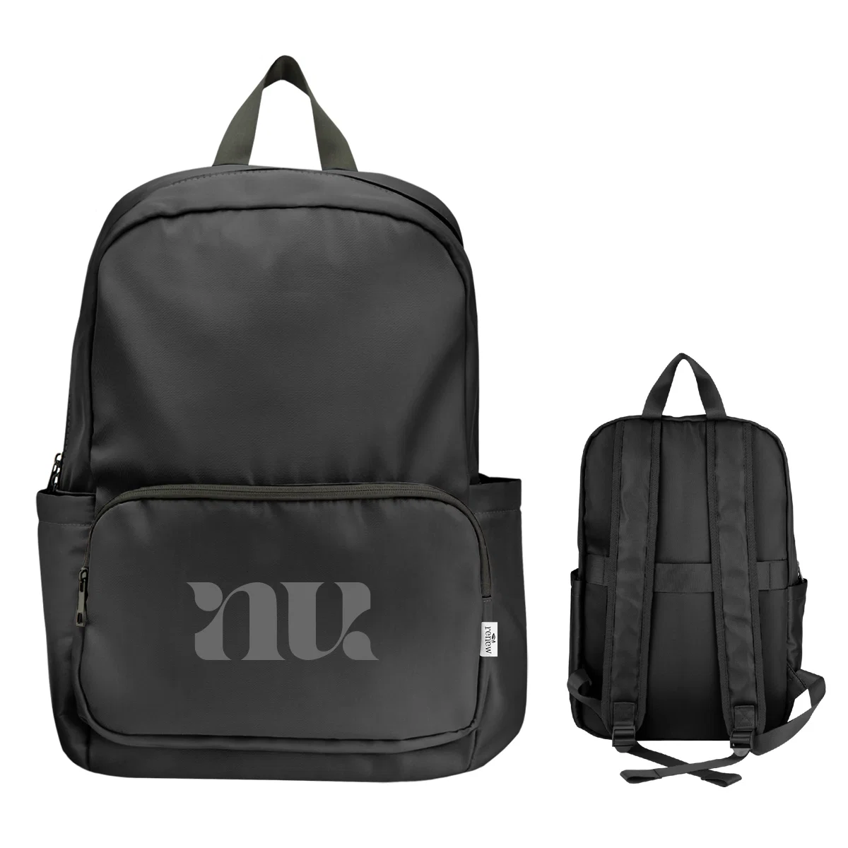 Recycled rPET backpack standing upright with both shoulder straps visible