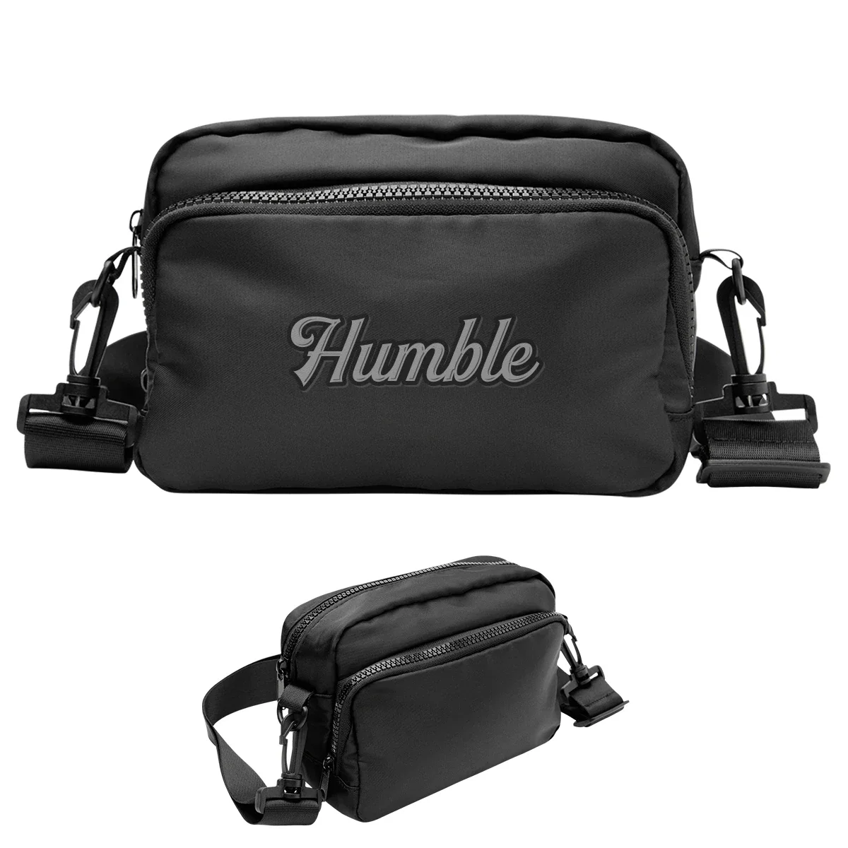 Zippered front pocket detail on the compact face