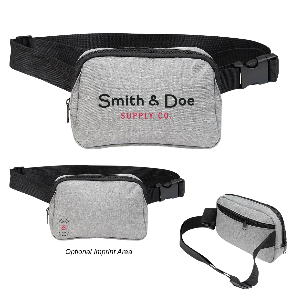 Heathered rPET belt bag shown from the front with the strap extended