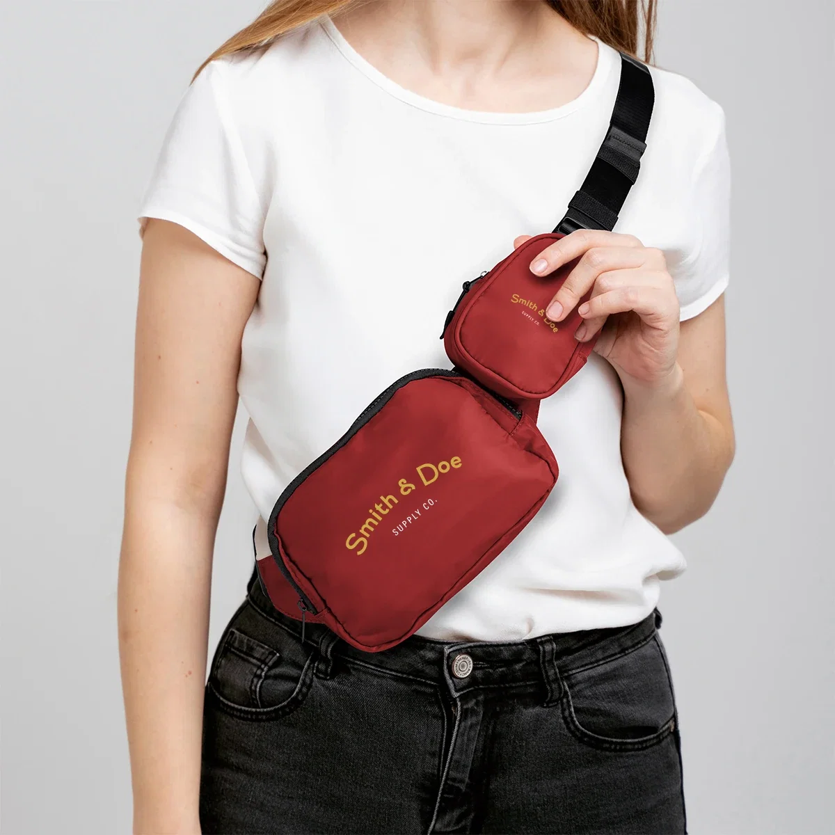 Anywhere Traveler Bag And Pouch Kit being worn