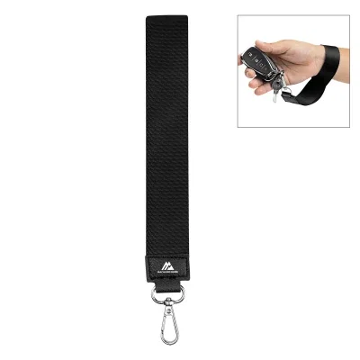 Black wrist strap with a metal carabiner clip attached
