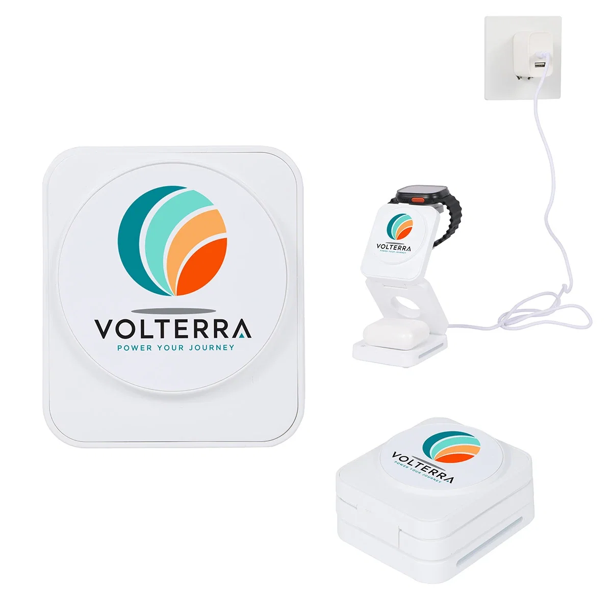 Custom Apex 3-in-1 foldable wireless charging station, front view of the branded charger
