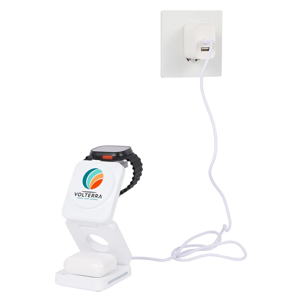 Apex 3-in-1 charging station shown unfolded, charging a smartphone, watch, and earbuds