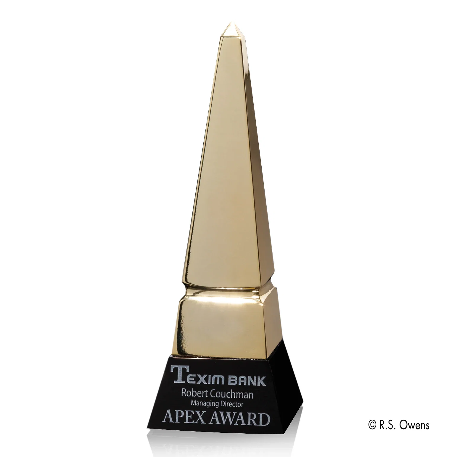 Custom Polished Cast Metal Obelisk Award With a Narrow Footprint for corporate award ceremonies
