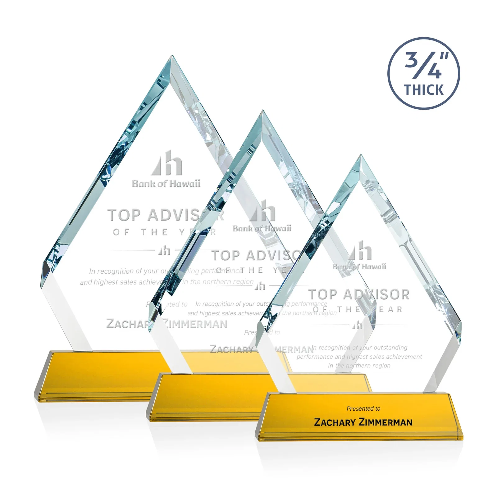 Custom Starfire Crystal Diamond Award on a Tall Tapered Base, awards for retirement presentations