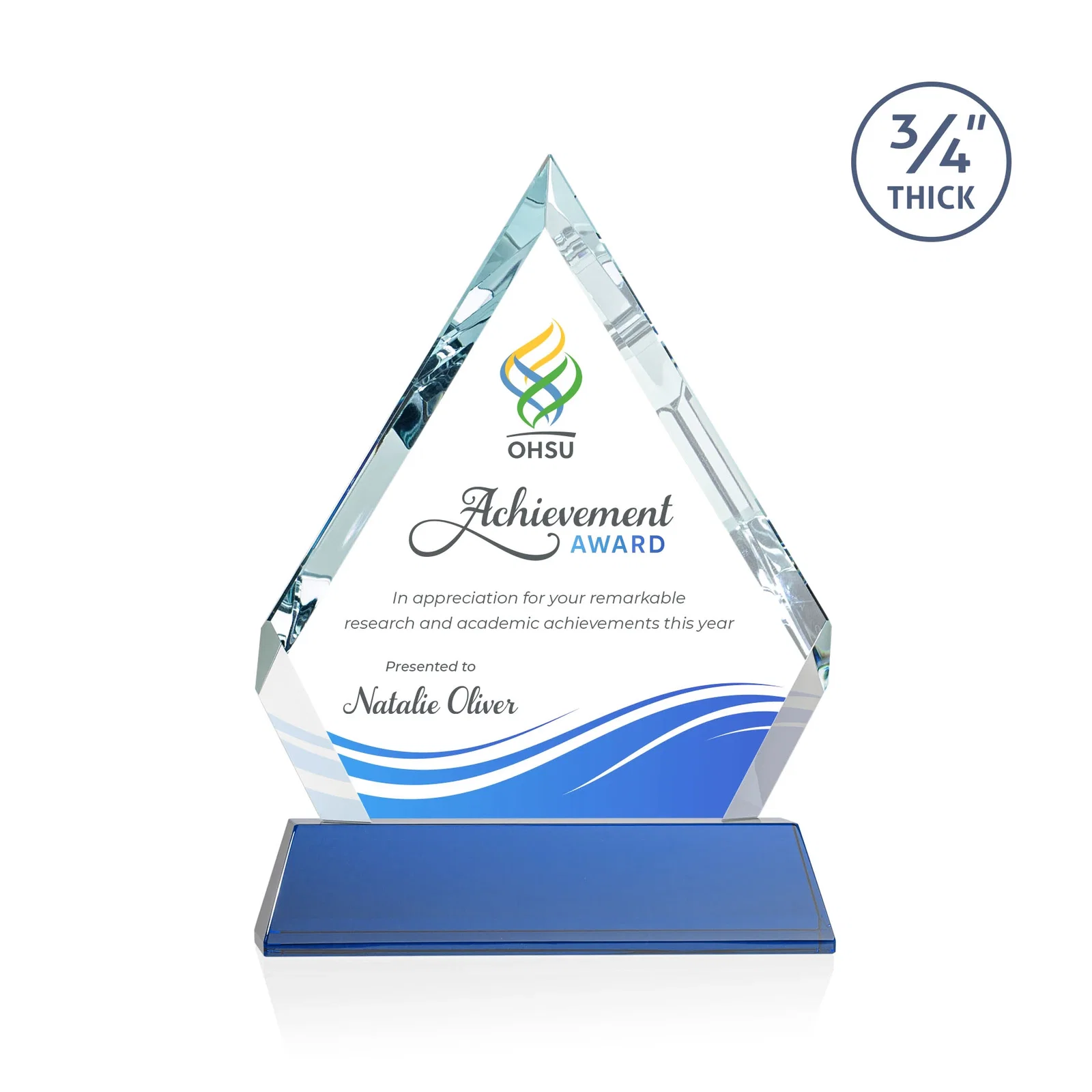 Custom printed Starfire Crystal Diamond Award on a Tall Tapered Base, awards for corporate award ceremonies