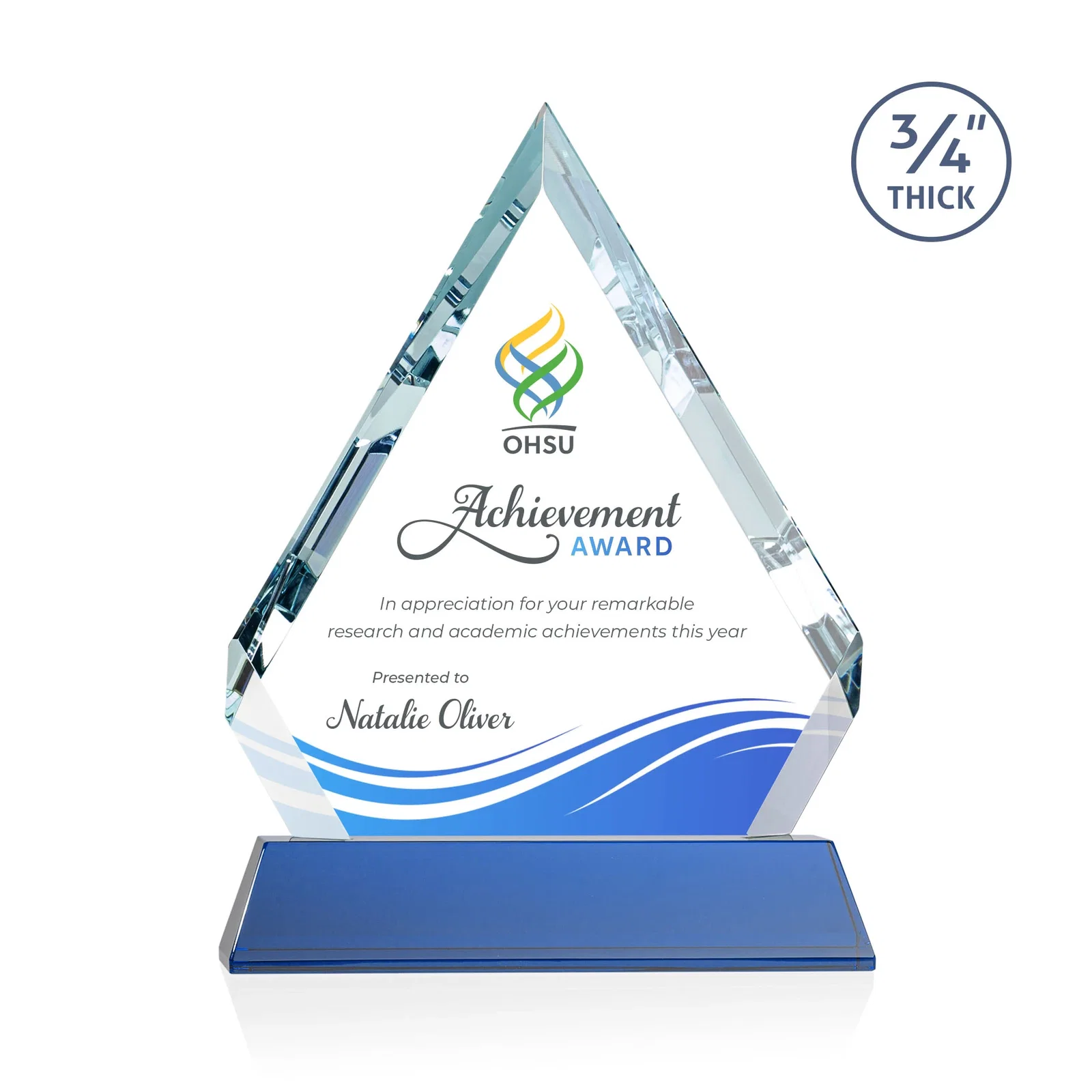 Custom printed Starfire Crystal Diamond Award on a Tall Tapered Base, awards for service anniversary gifts