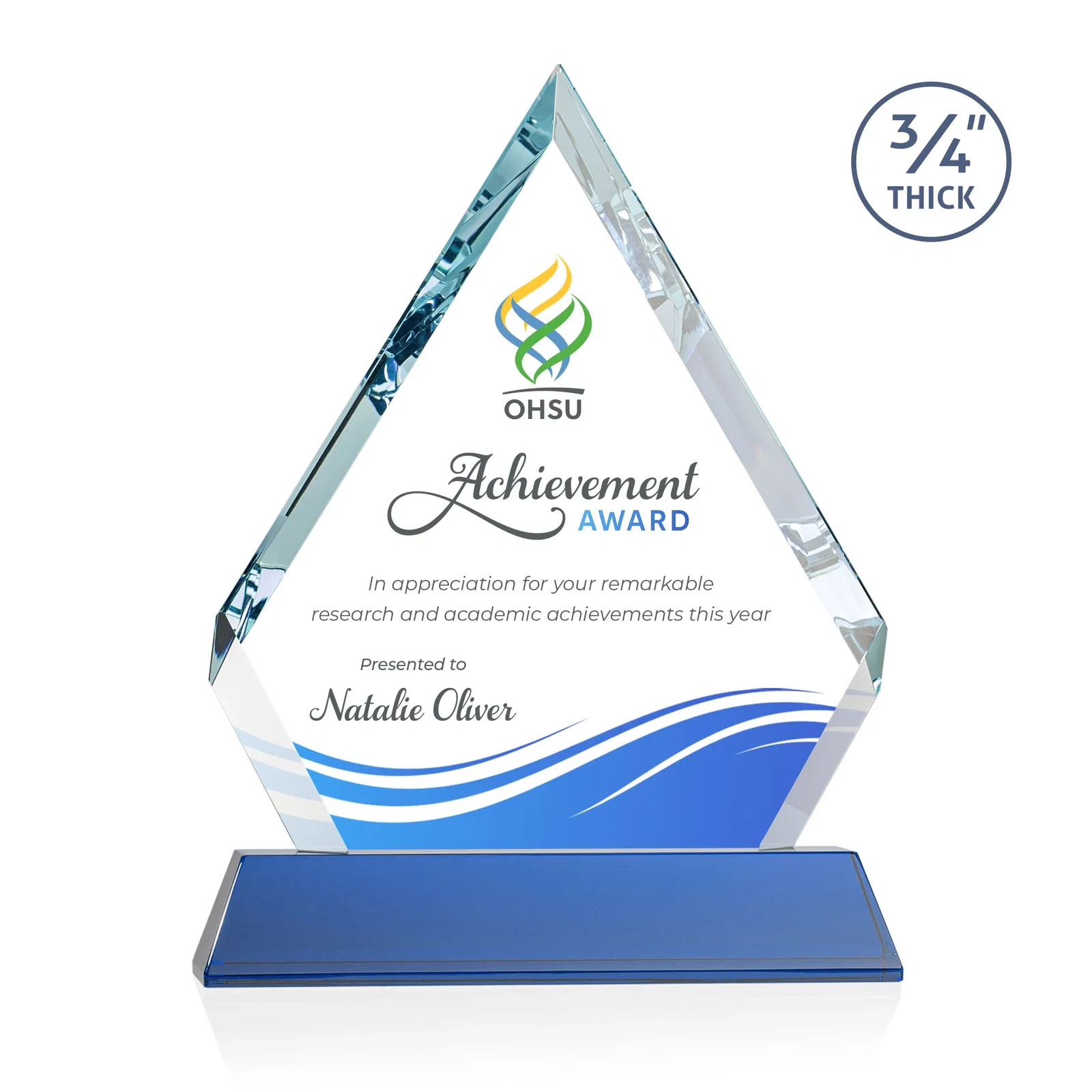 Custom printed Starfire Crystal Diamond Award on a Tall Tapered Base, awards for sales achievement awards