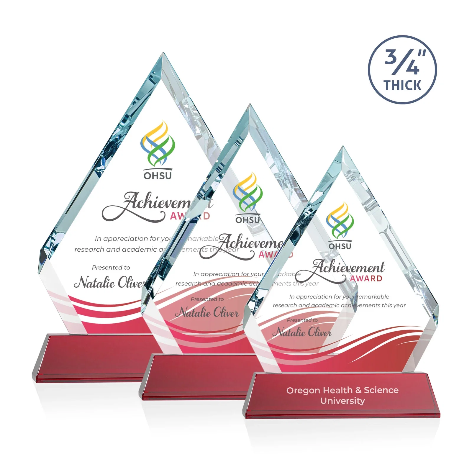 Custom printed Starfire Crystal Diamond Award on a Tall Tapered Base, awards for retirement presentations