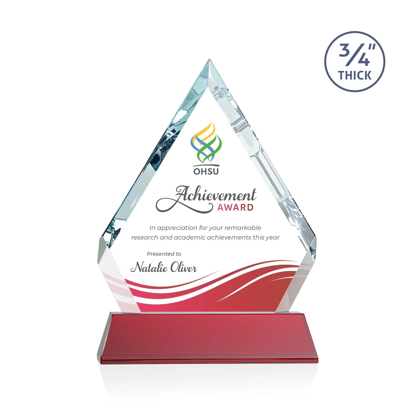 Custom printed Starfire Crystal Diamond Award on a Tall Tapered Base, awards for team milestone celebrations
