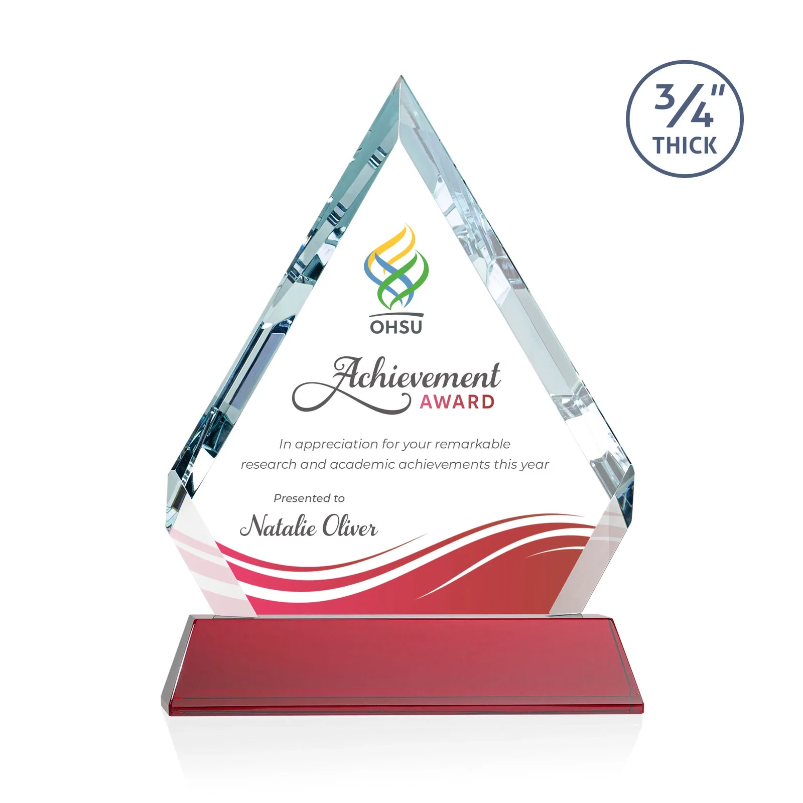 Custom printed Starfire Crystal Diamond Award on a Tall Tapered Base, awards for donor appreciation
