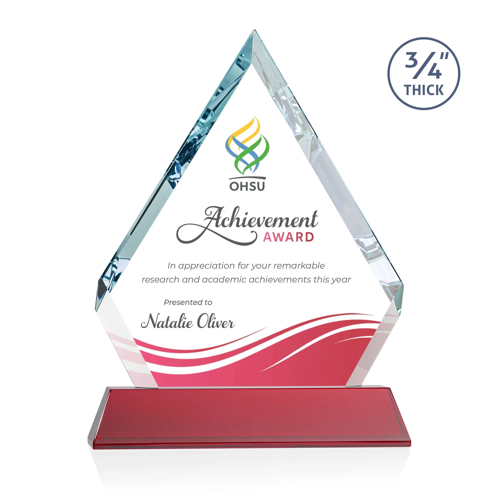 Custom printed Starfire Crystal Diamond Award on a Tall Tapered Base, awards for graduation ceremonies