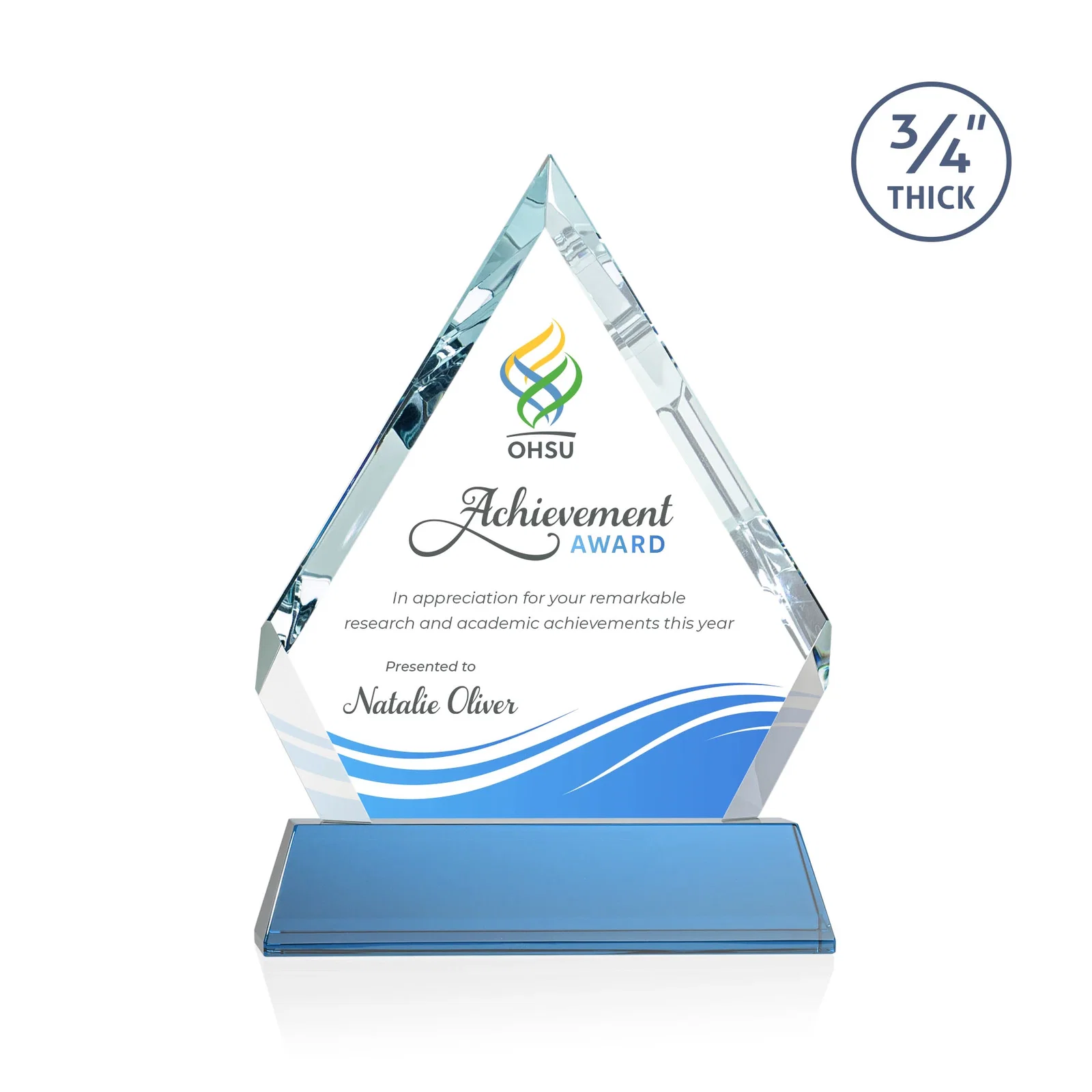 Custom printed Starfire Crystal Diamond Award on a Tall Tapered Base, awards for volunteer appreciation