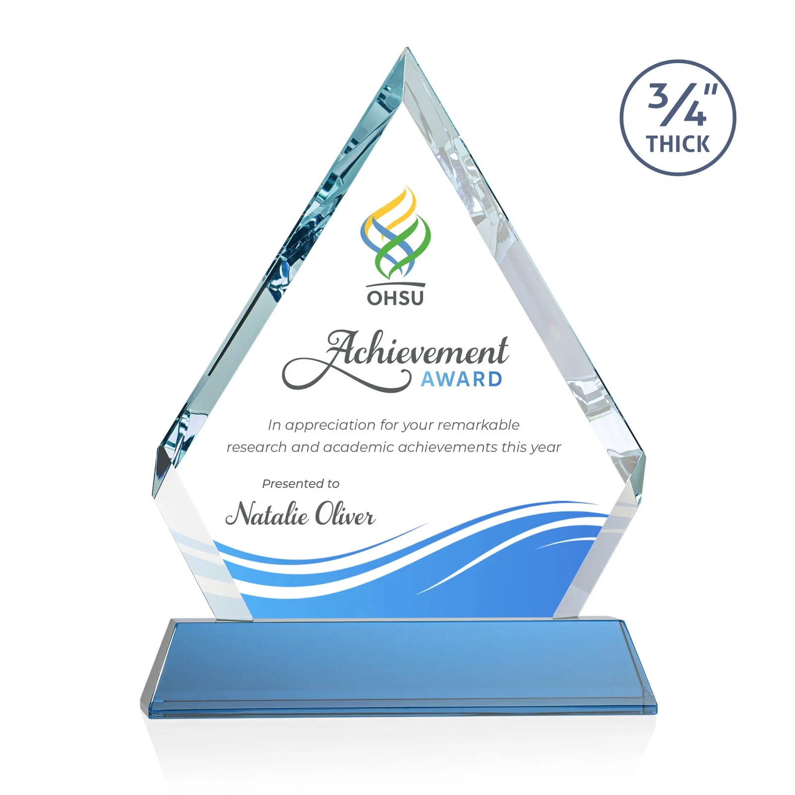 Custom printed Starfire Crystal Diamond Award on a Tall Tapered Base, awards for company anniversary events