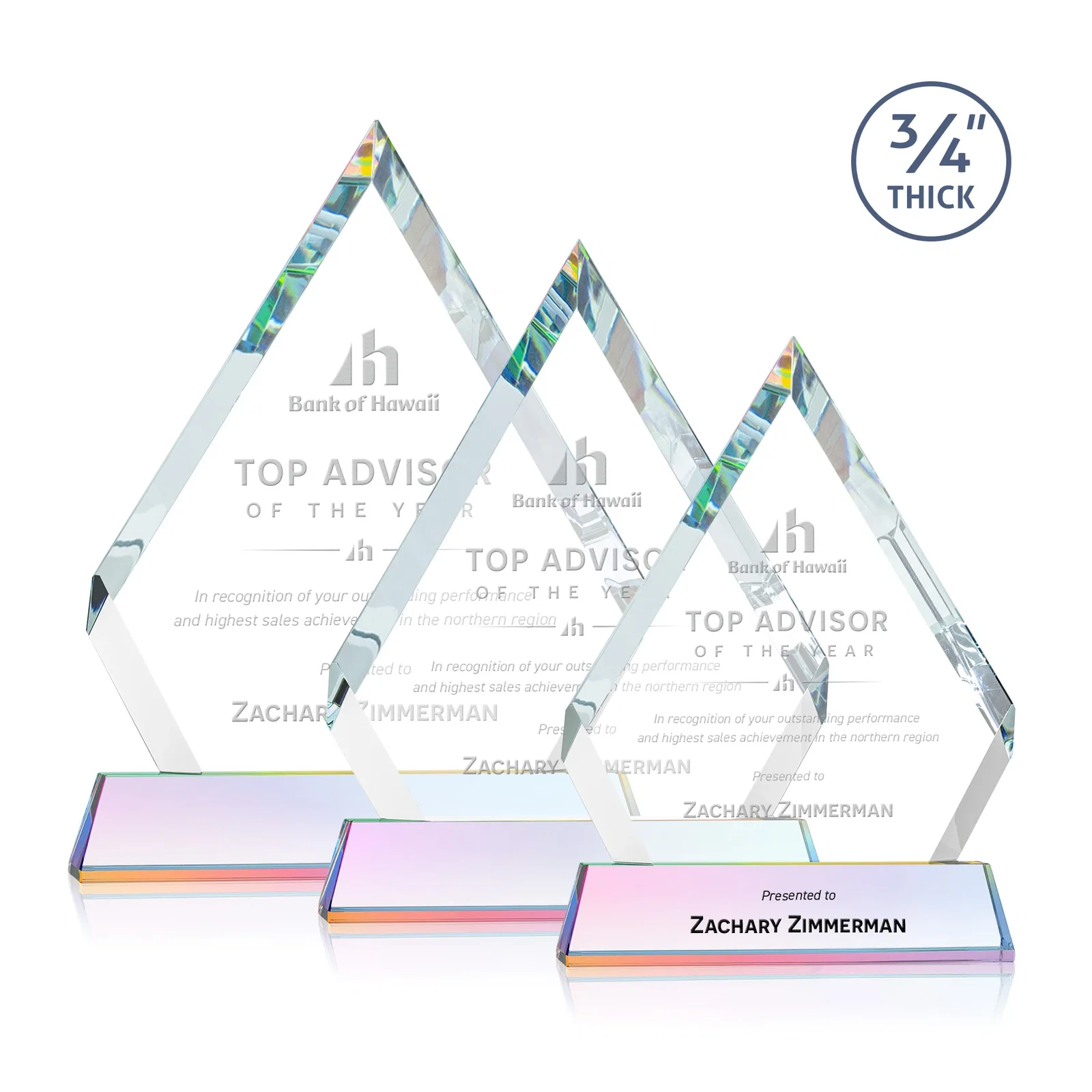 Customized Starfire Crystal Diamond Award on a Tall Tapered Base, awards for retirement presentations