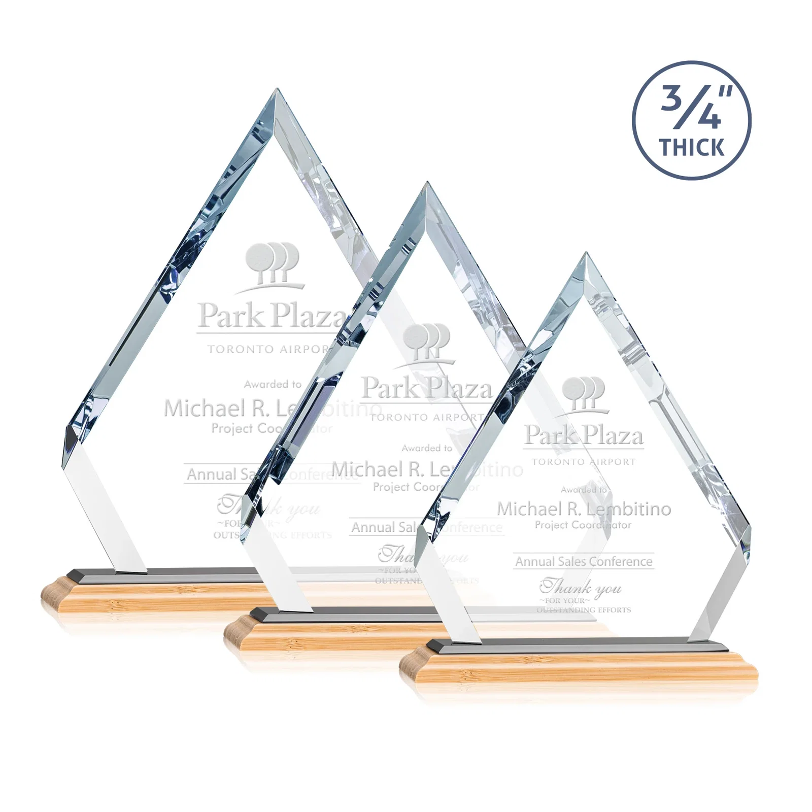 Custom engraved Starfire Crystal Diamond Award With Alternating-Angle Bevel Facets for retirement presentations