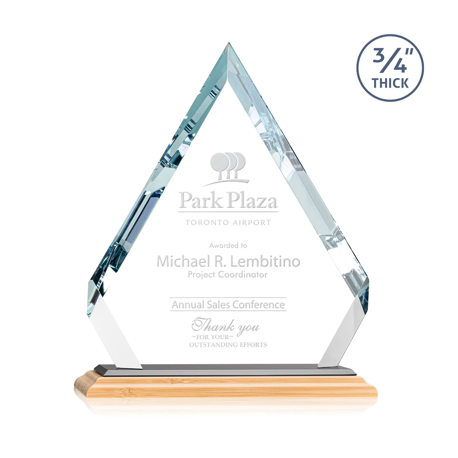 Custom engraved Starfire Crystal Diamond Award With Alternating-Angle Bevel Facets for donor appreciation