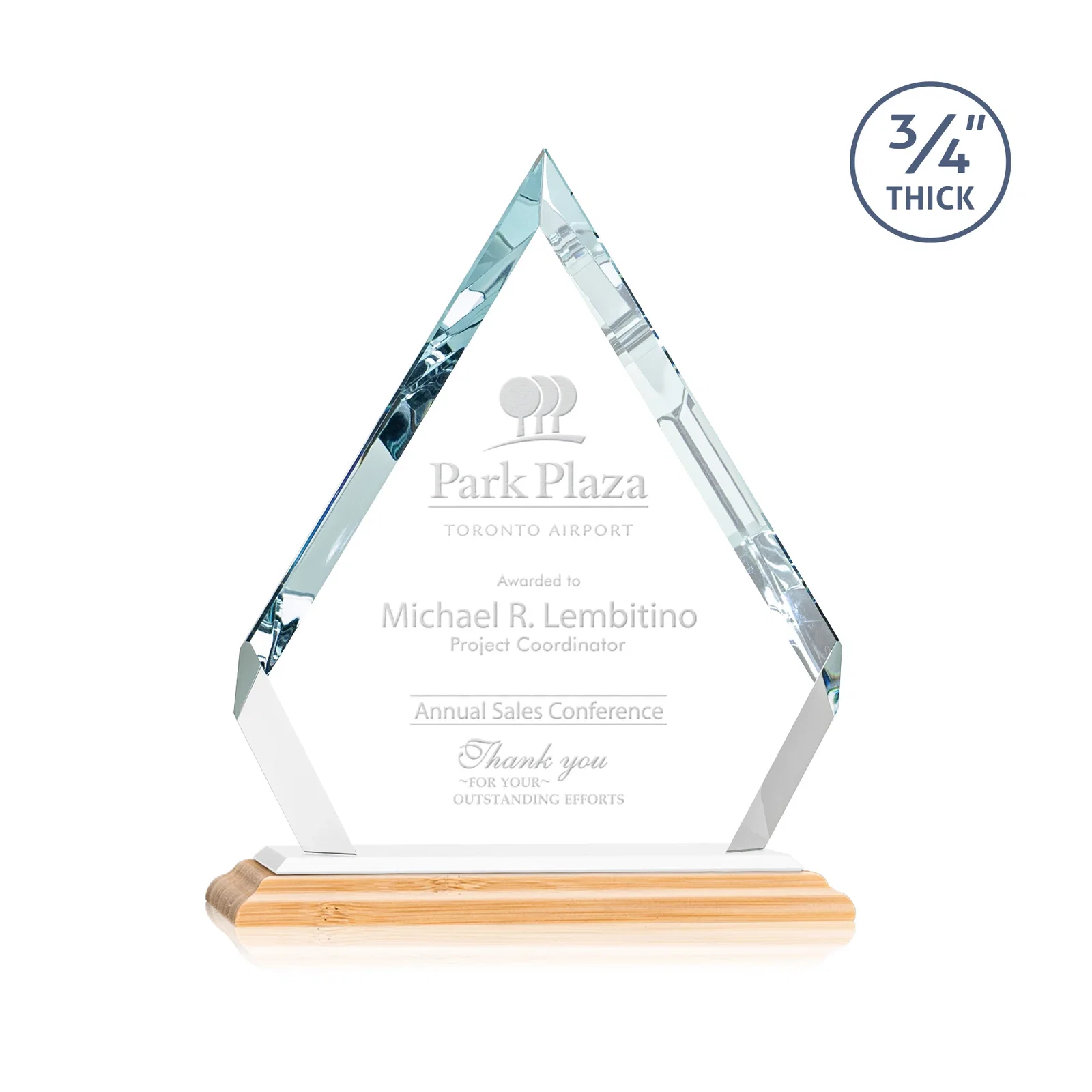 Custom engraved Starfire Crystal Diamond Award With Alternating-Angle Bevel Facets for volunteer appreciation