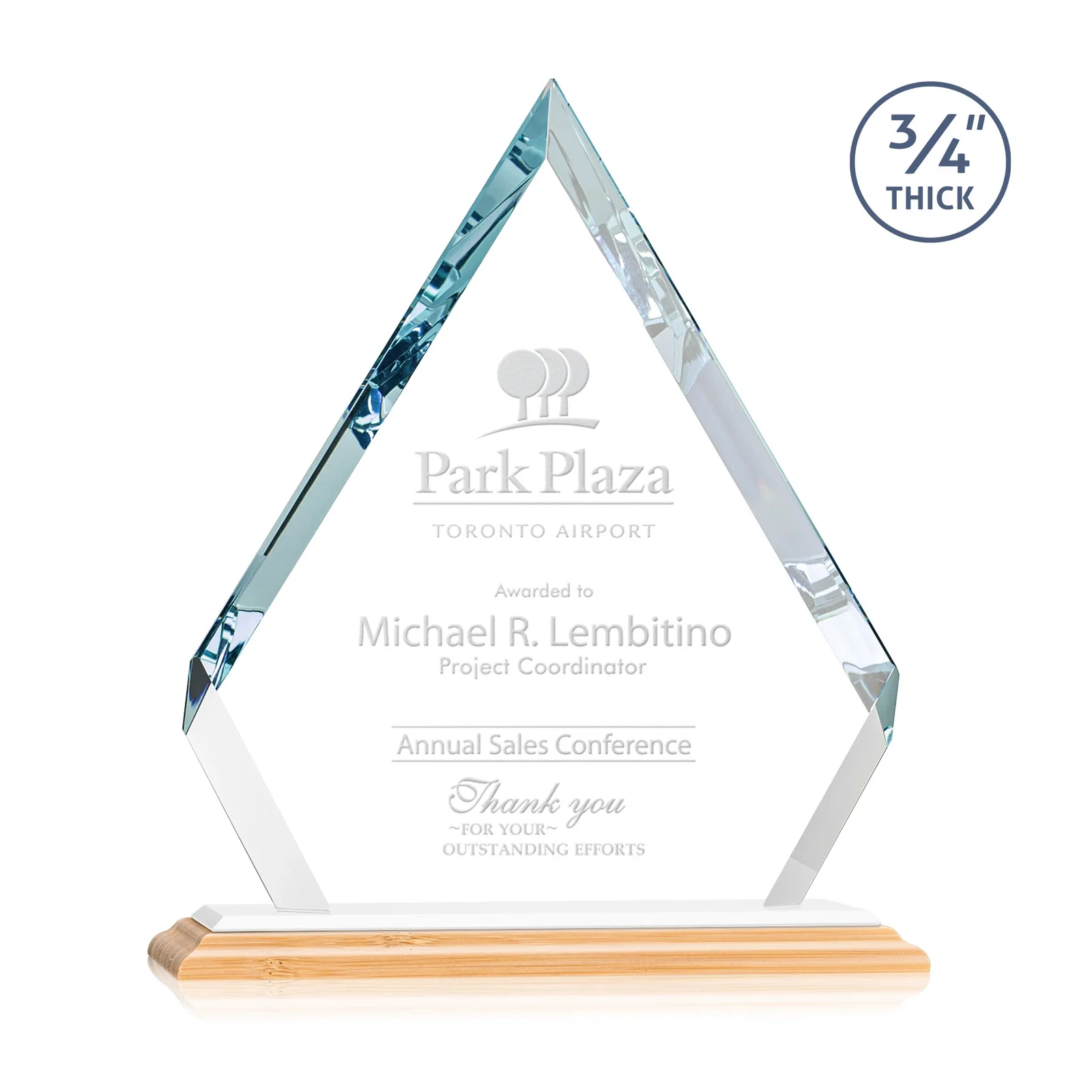 Custom engraved Starfire Crystal Diamond Award With Alternating-Angle Bevel Facets for company anniversary events