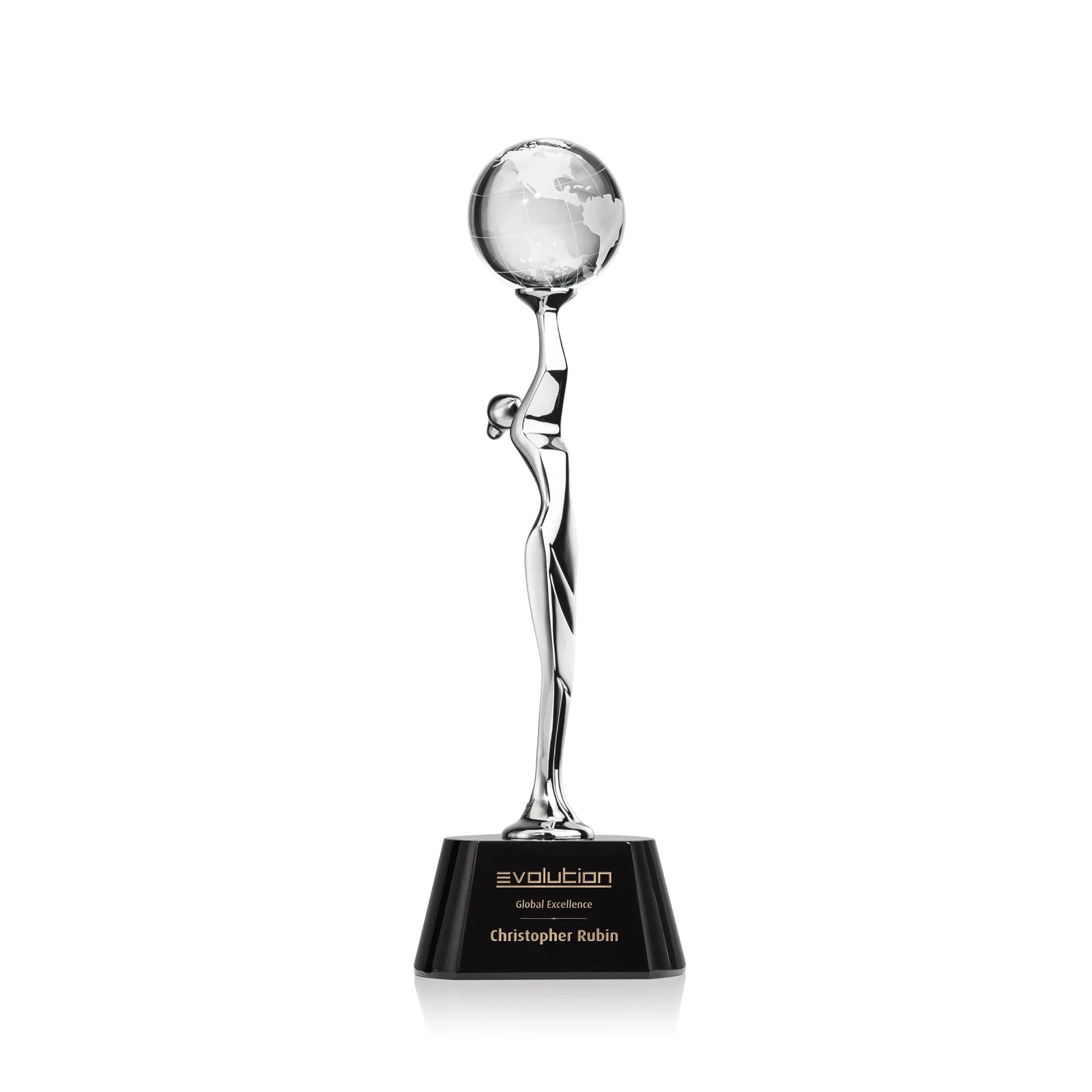 Custom Optical Crystal Globe Award Held by Chrome Goddess Figure for corporate award ceremonies