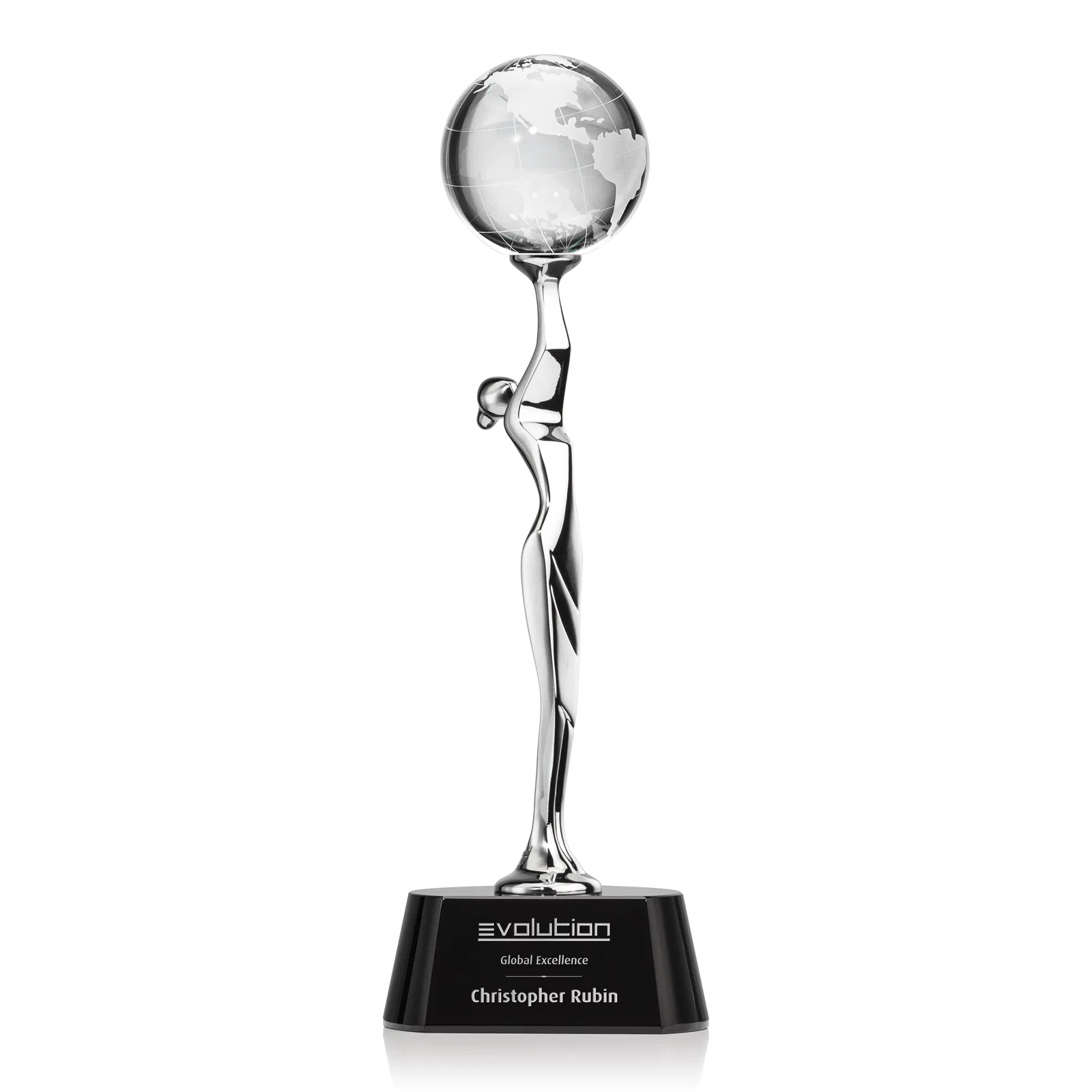 Custom Optical Crystal Globe Award Held by Chrome Goddess Figure for service anniversary gifts