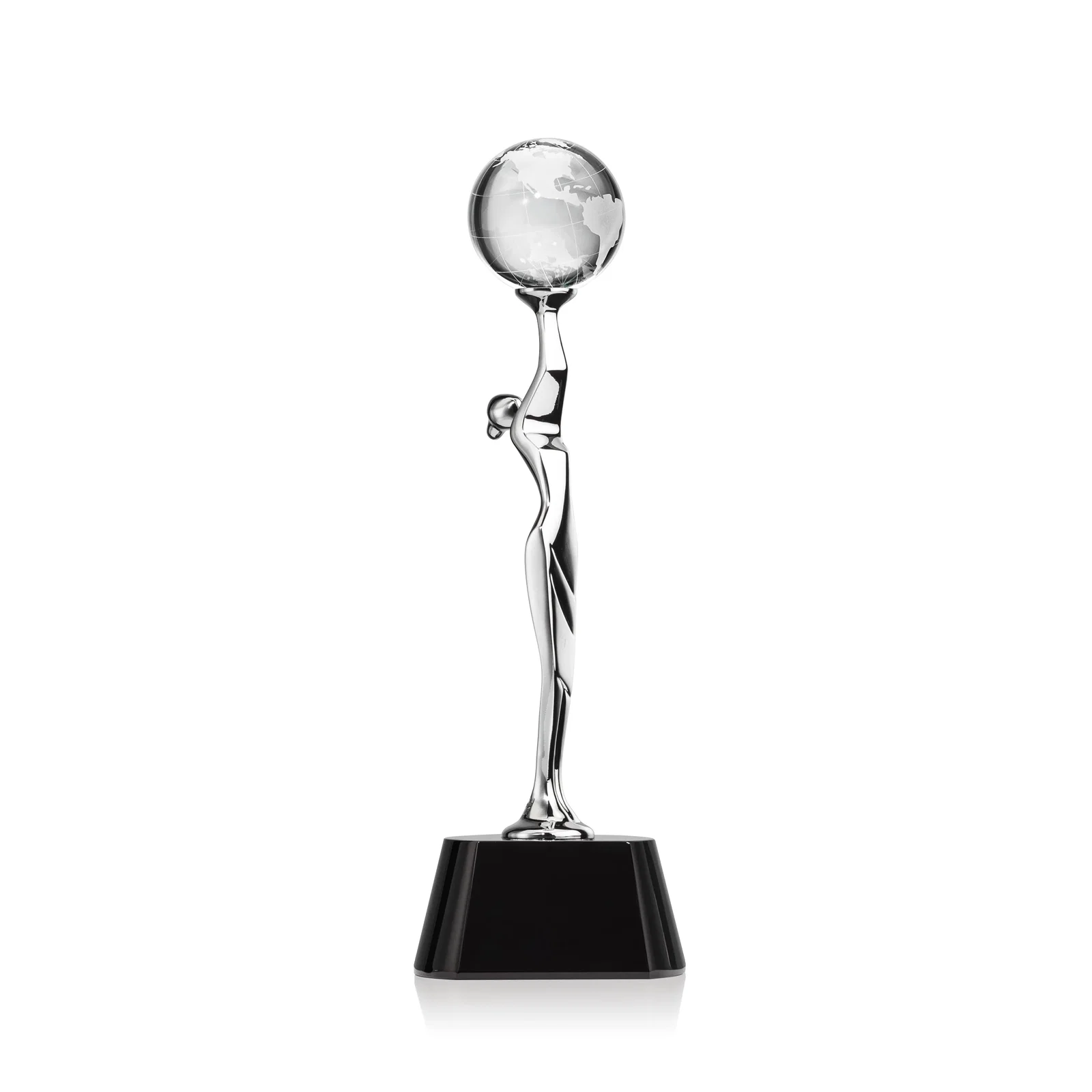 Custom Optical Crystal Globe Award Held by Chrome Goddess Figure for sales achievement awards